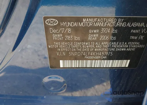 2019 Hyundai Elantra Se z USA, uszkodzony, nr VIN 5NPD74LF4KH451975